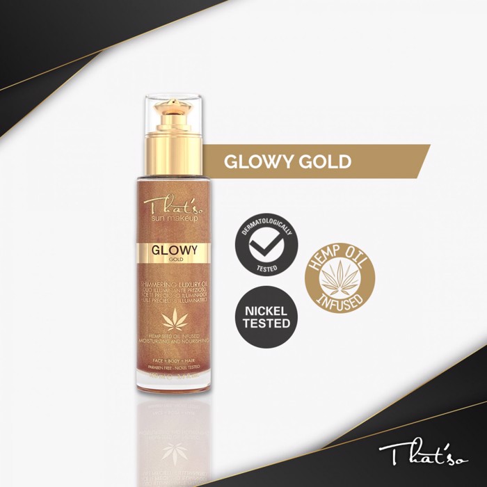 That'so Glowy Gold Shimmering Oil Enudatiko Xiro Ladi Lampsis ga Prosopo Soma Mallia me Elaio Kannabis 100ml